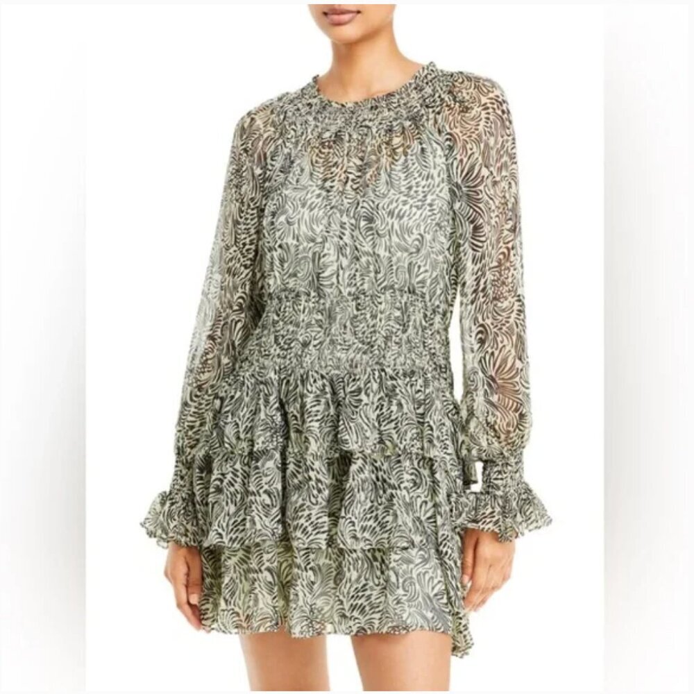 Cinq a Sept Janelle Dress Long Sleeve Ruffle Green Meadow‎ Mini Tiered Resort